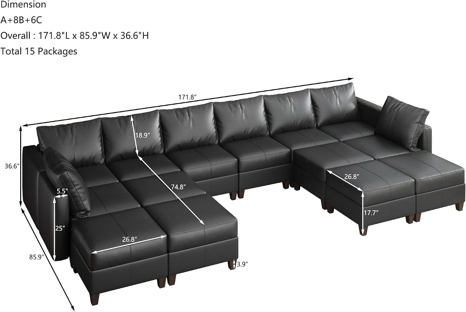EASE MOOSE U Shaped Modular Sectional Sofa with Storage, Faux Leather Modular sectional Oversized Modular Sectional Couch with Reversible Chaises for Living Room
