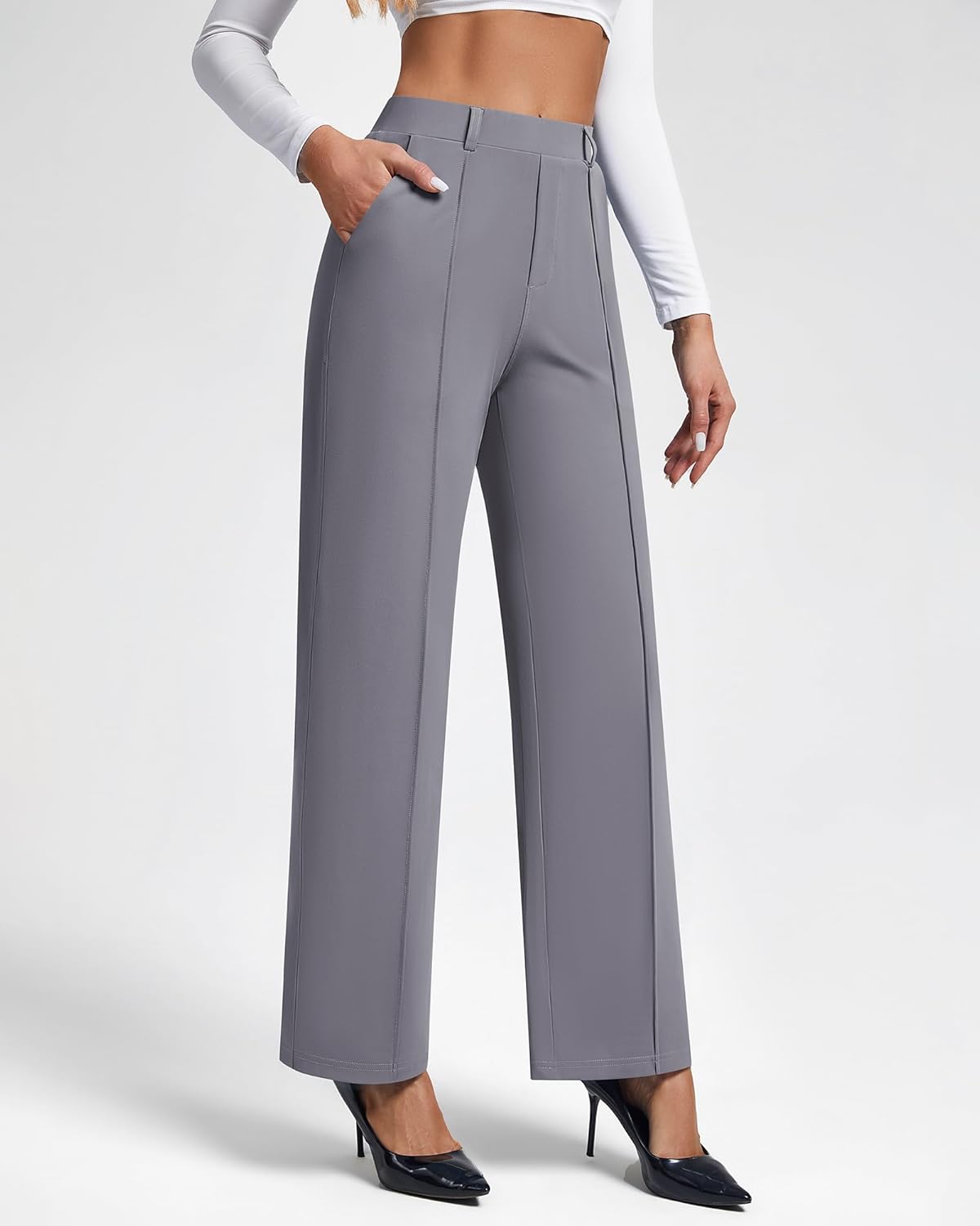 Dress Pants for Women Work Pants Wide Leg Pull On Stretchy Business Casual Trousers High Waisted Slacks with Pockets Grey - Image 7