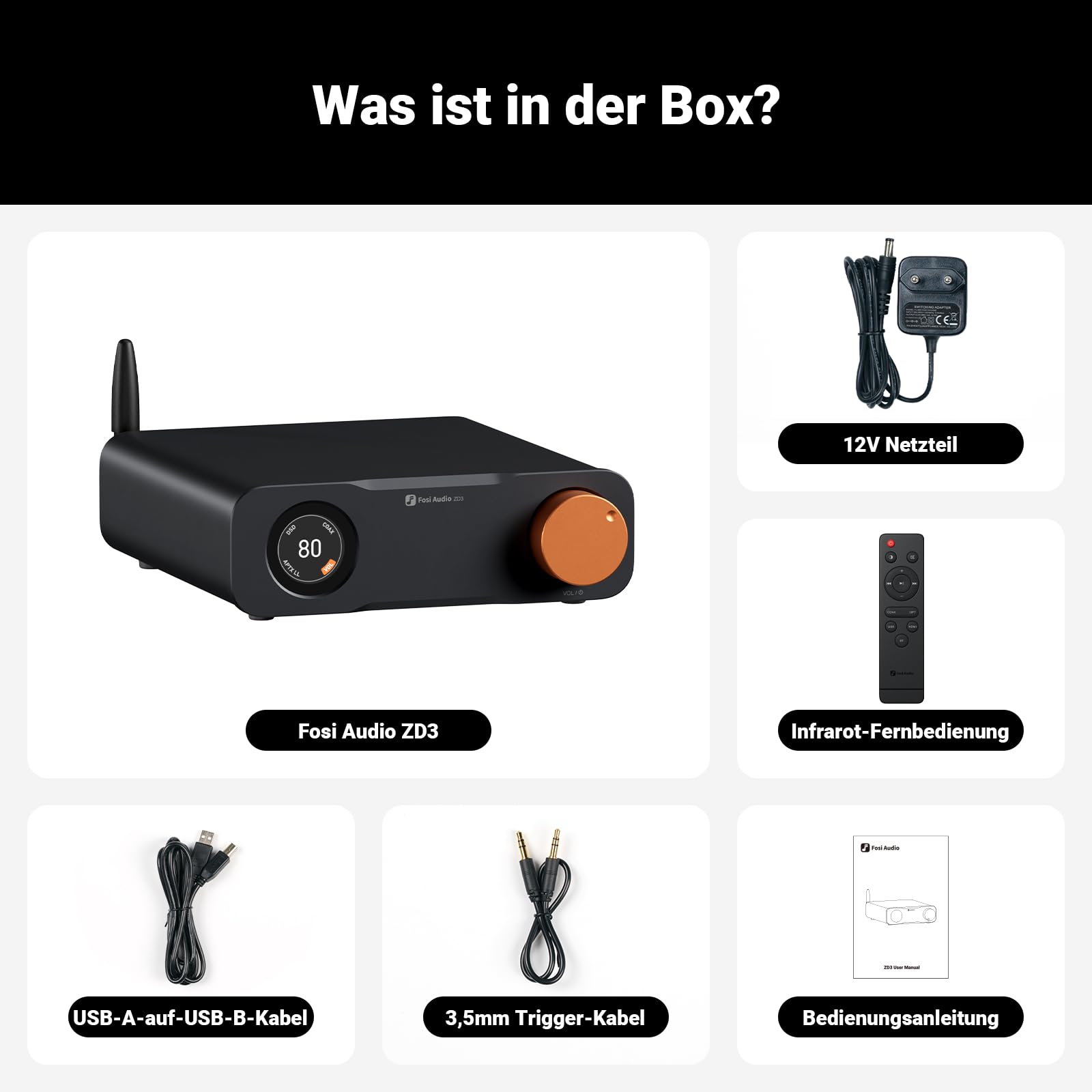 Fosi Audio ZD3 Desktop DAC Preamp, Fully Balanced DA Wandler mit ES9039Q2M für Heim-Stereo-Verstärker, TV HDMI ARC/Bluetooth/USB/Optik/Coax Eingänge, XLR/RCA Ausgänge mit Fernbedienung