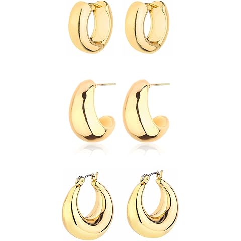 Gold Chunky Hoop Earrings Set for Women, 14K Gold Plated Twisted Huggie Hoop Earrin...