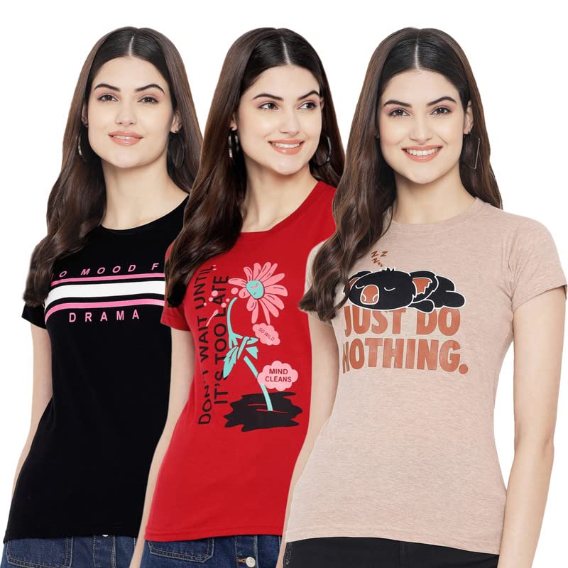 Preneum Lot de 3 t-shirts en coton imprimé à col rond pour femmes et filles