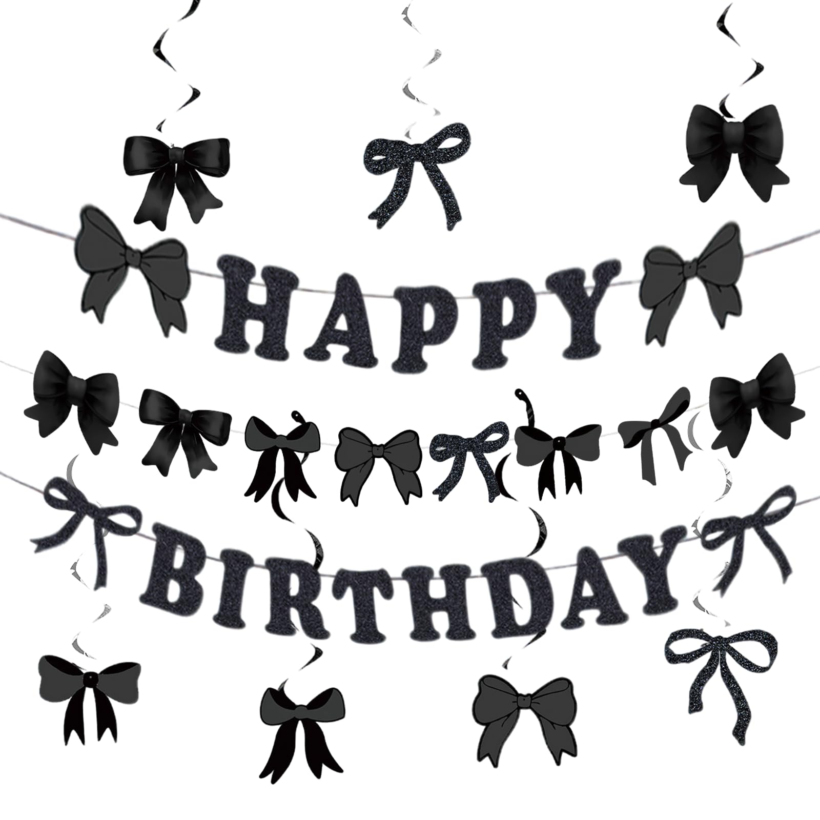 1 Set Bow Happy Birthday Banner, Bow Birthday Party Decoration, Bow Hanging Swirls Ceiling Decor for Girls Woman Baby Shower Birthday (Black)