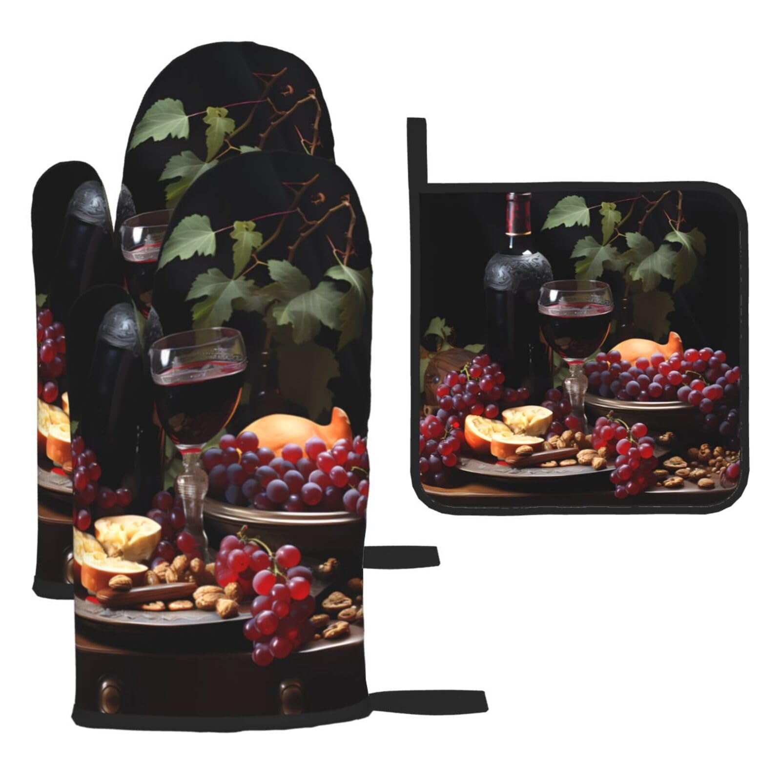 Fruits and Wines Oven mittens and oven mitts three-piece set suitable for oven, grilling, baking, microwave and home cooking.