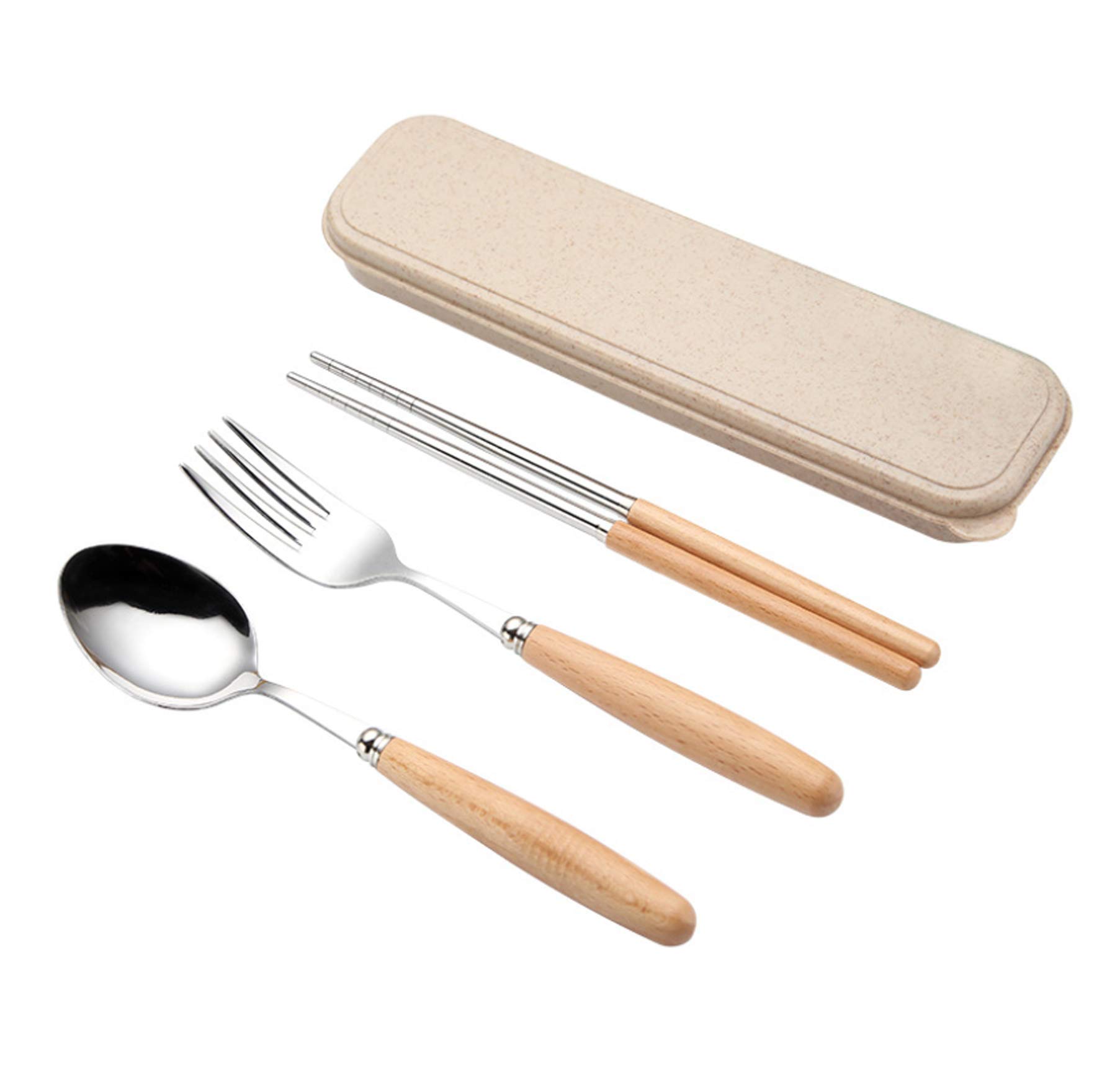 Amicc Chopsticks Spoon Fork Set Flatware Dinnerware Stainless Steel 304 with Travel Box and Bag for School Work Luch、camping 、outdoor etc (wooden handle)