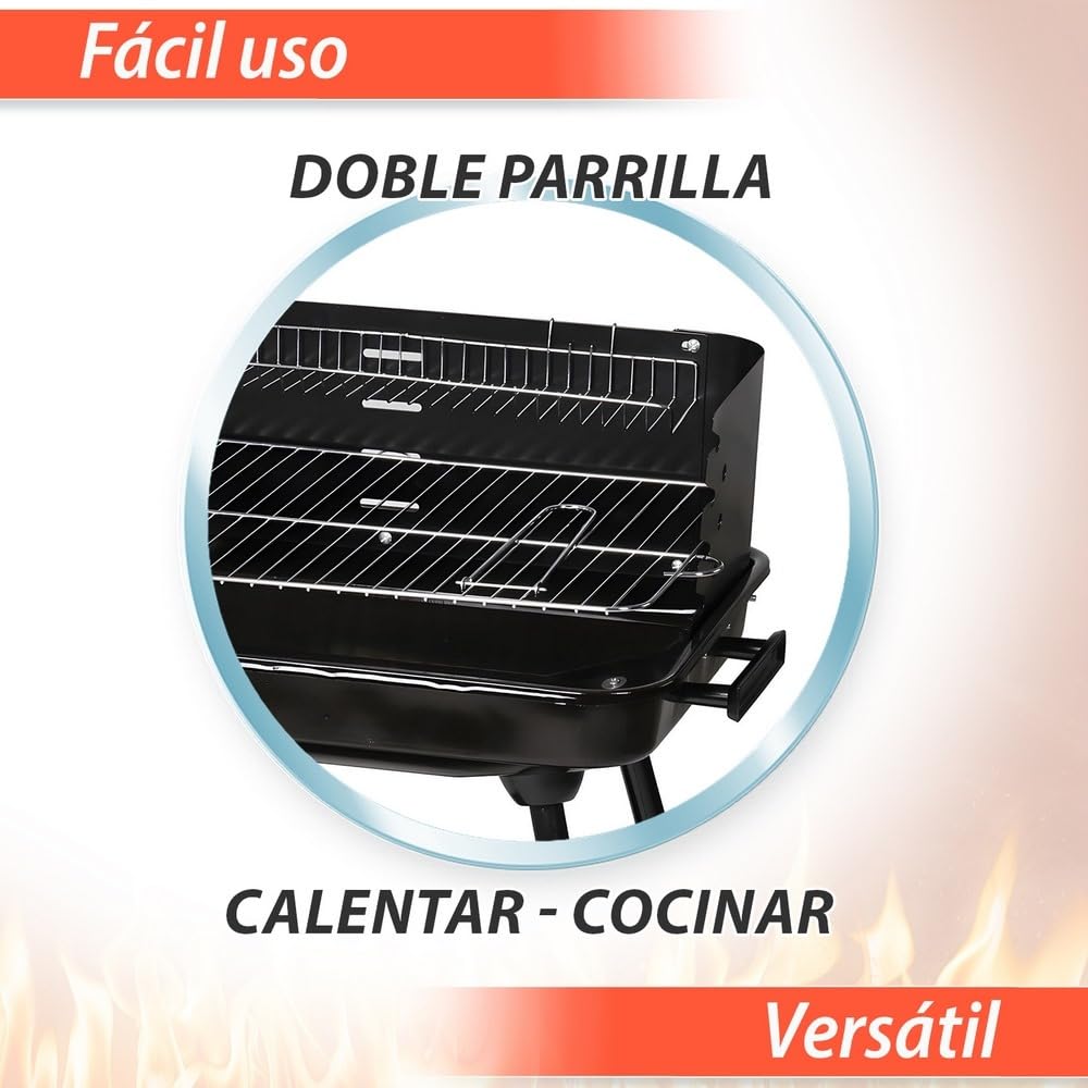 LOLAhome Barbacoa de carbón negra | De 64x38x82cm | Regulable 4 alturas, Doble parrilla Cocinar y Calentar, fácil montaje, fácil guardado | Para 10 comensales | Barbacoa jardín