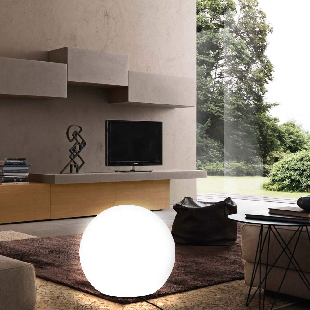 BAKAJI Lámpara de diseño esférica de jardín, diámetro 20 cm, luz iluminación exterior de suelo o mesa, casquillo E27, bombilla máx. 25 W, color blanco con piquetas de fijación al suelo