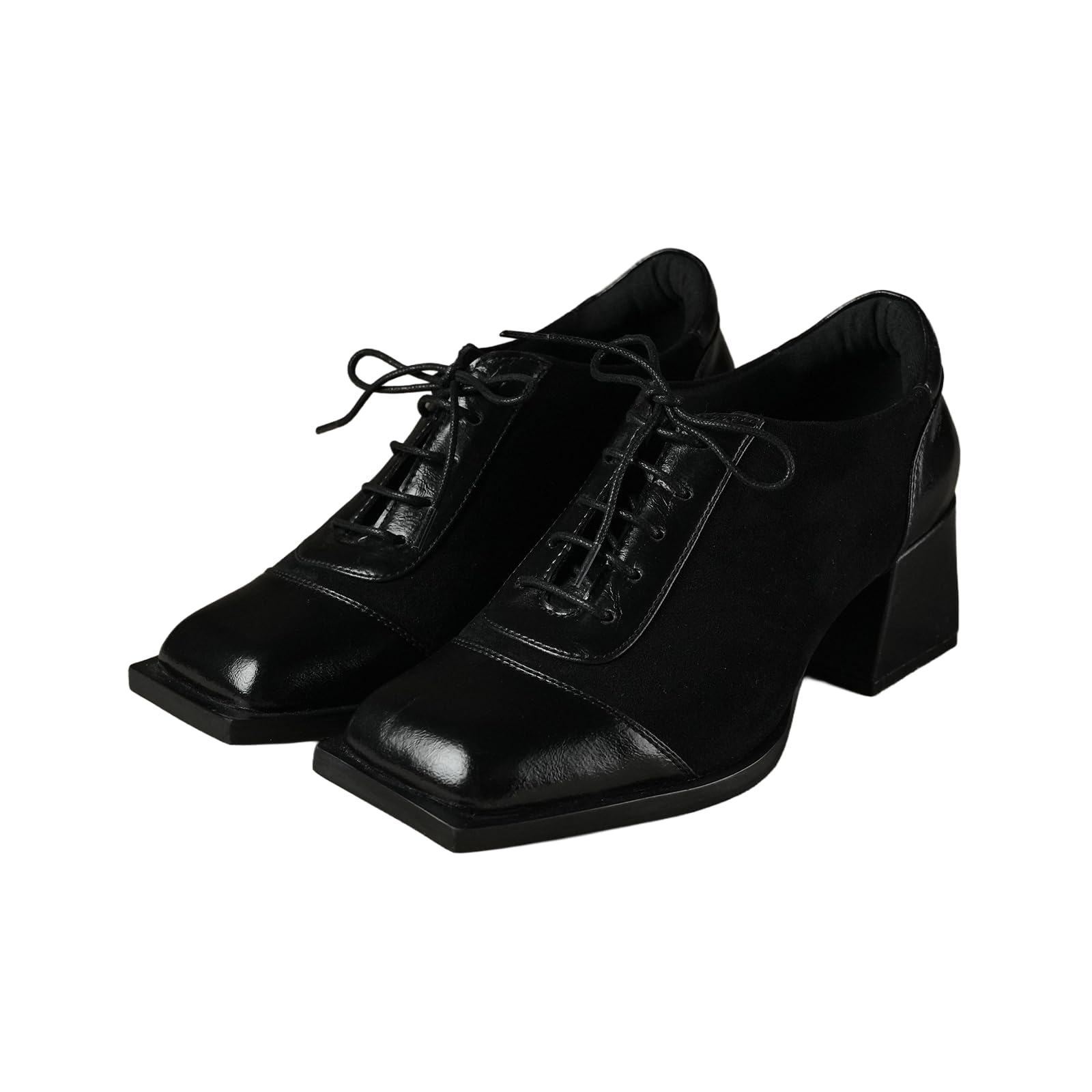 The Monkees Lookout Black PU Leather Shoes for Women | Lace-Up Block Heel Shoes for Formal Office Wear | Comfortable Work & Casual Heels