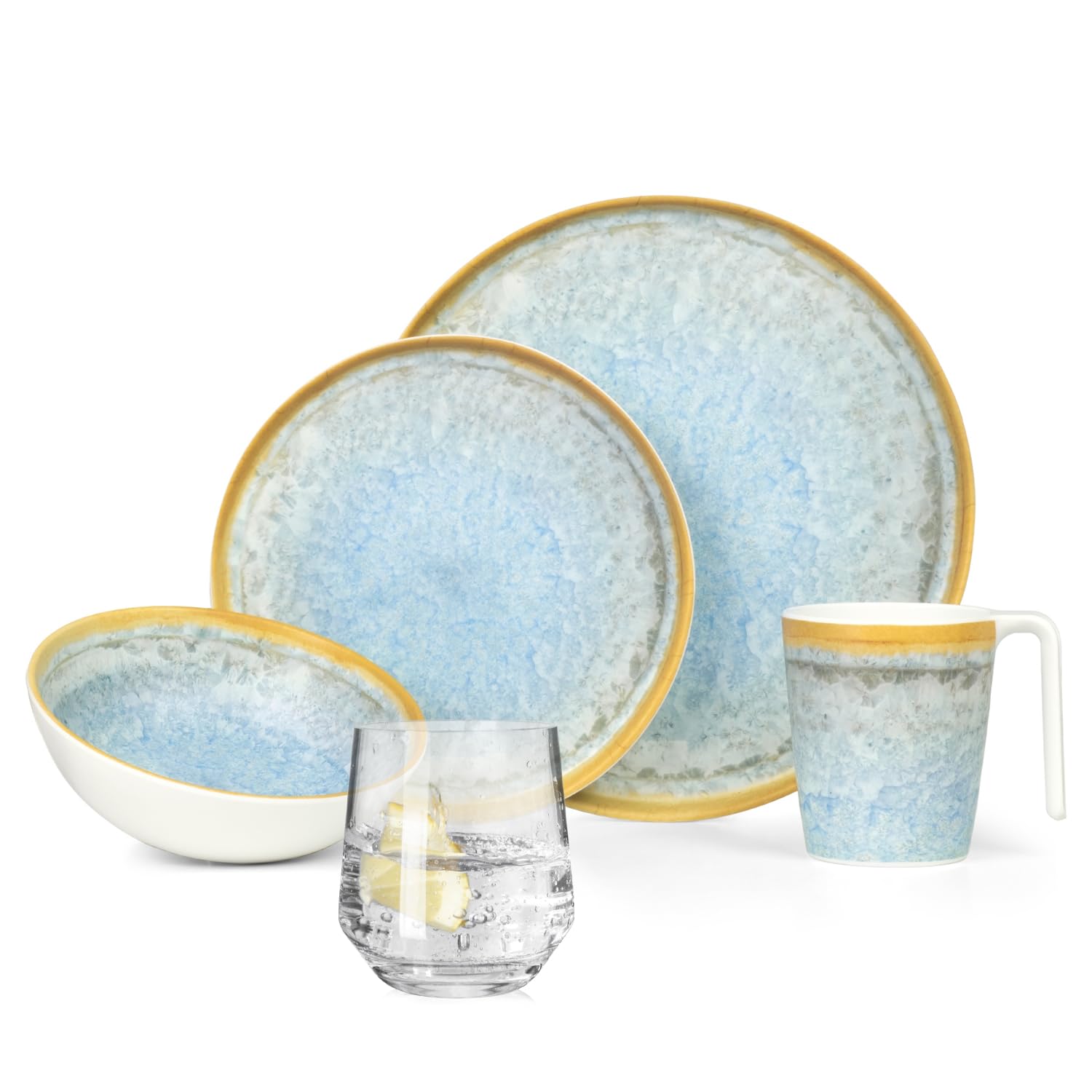 Melamina zestaw naczyń kempingowych dla 4 osób, Crystal Blue + 4 szklanki Milano, szklanki do wody, naczynia stołowe, piknikowe naczynia do grillowania
