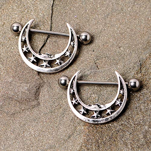 Body Candy 14G Womens Nipplerings Piercing 316L Steel 2Pc Crescent Moon Star Nipple Shield Set 7/8\" - Thumbnail 4