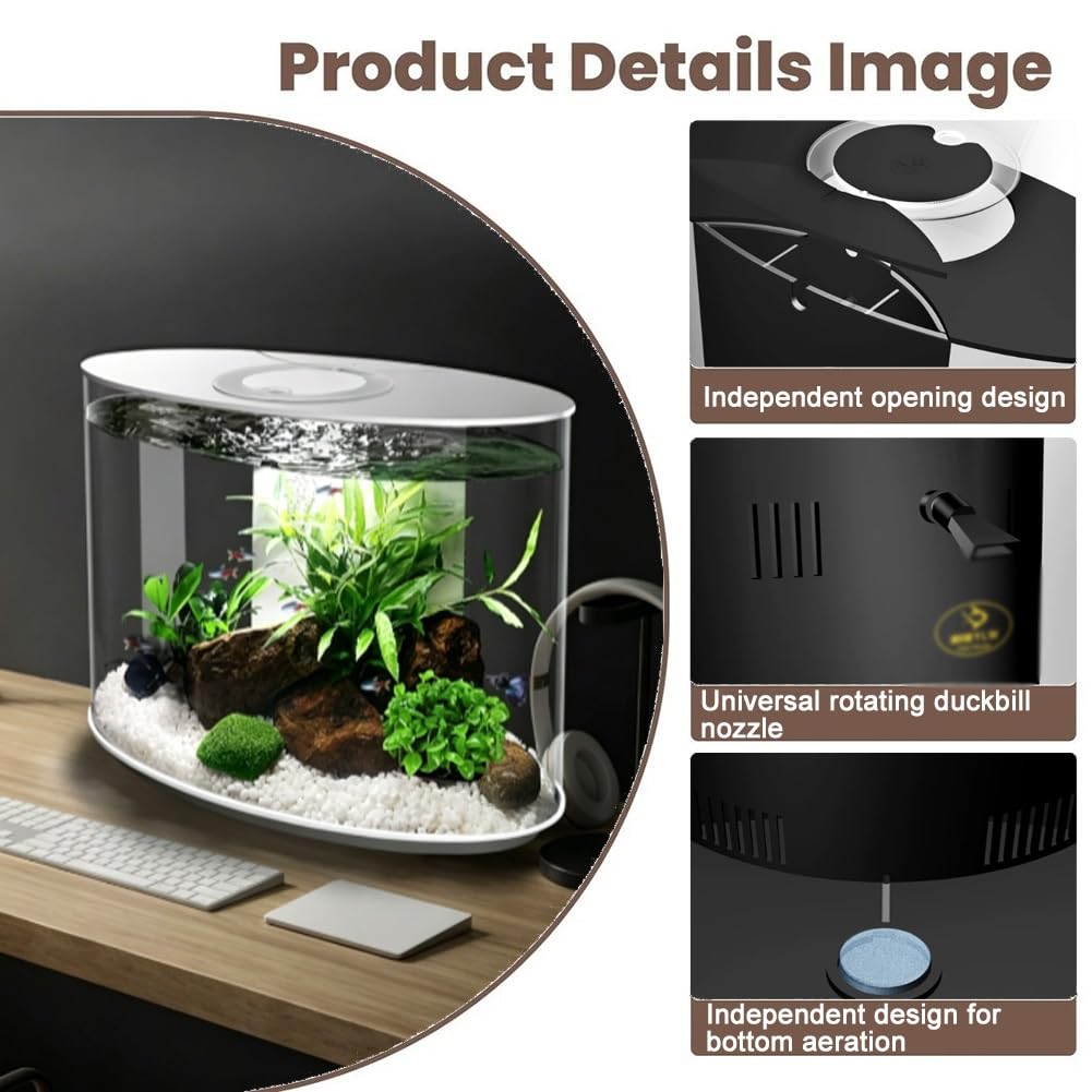 GZHERVICES Aquarium De Bureau Moderne, Petit Aquarium Ovale De 22 L avec Éclairage LED Télécommandé Et Filtre Silencieux, Aquarium Compact pour Salon, Chambre Ou Bureau(Clair)