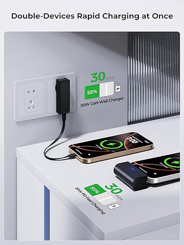 Miniatura 3 de THREEKEY Cargador portátil, cargador de batería de viaje de 5000 mAh, 20 W PD con puerto USB-C y cargador de pared GaN de 30 W para iPhone serie