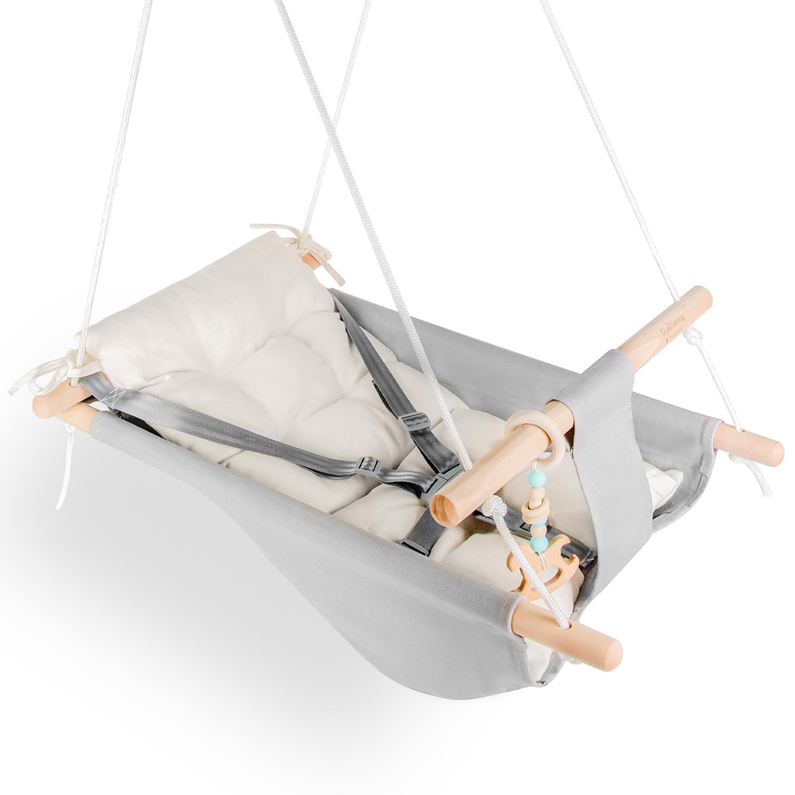 Baby Swing Indoor and Outdoor, Canvas Hammock Swing for Baby to Toddler with a Comfortable Seat, Macaroon Wooden Toy, Adjustable 5-Point Harness,3