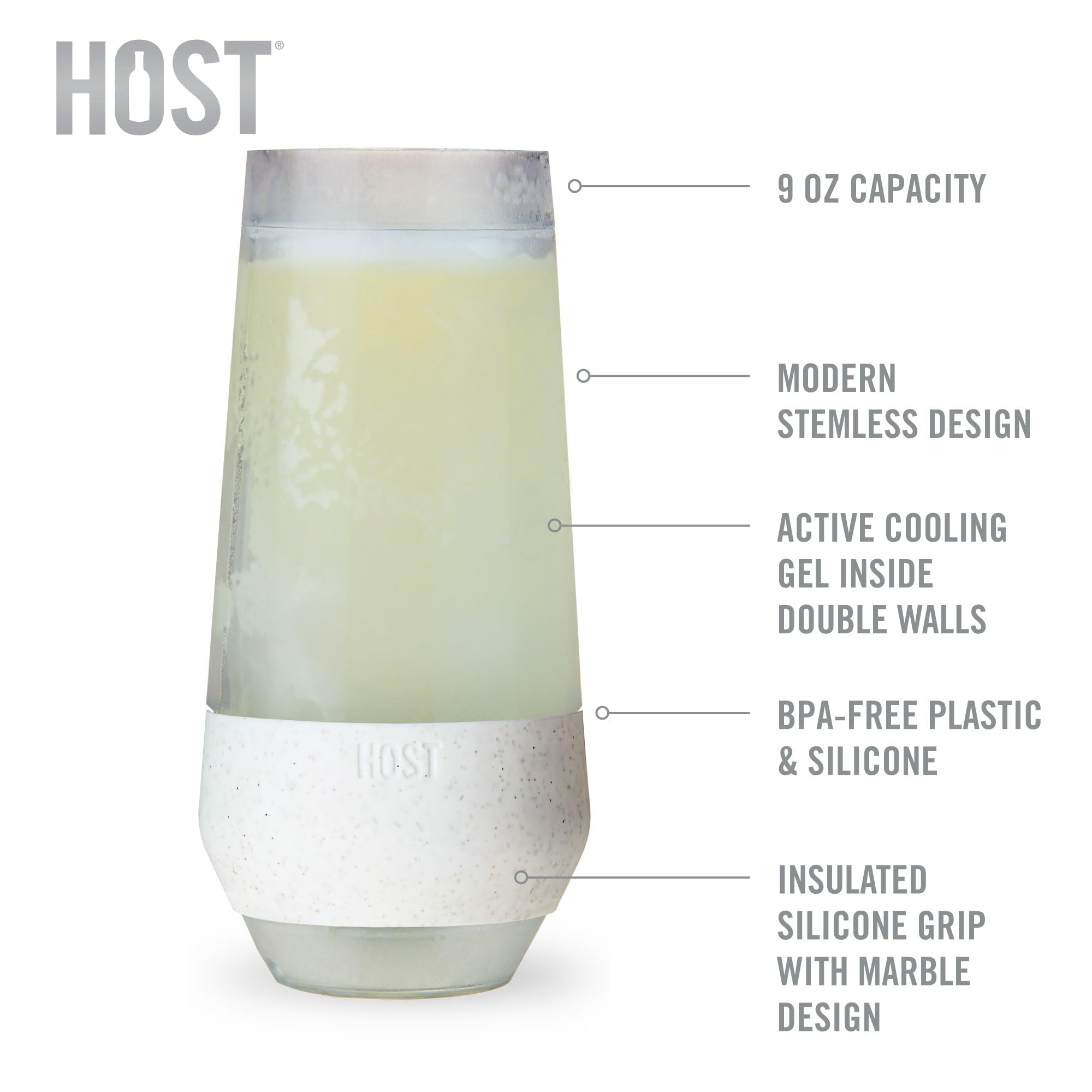 HOST Champagne Freeze Kühlbecher, Doppelwandige, isolierte, gefrierbare Weingläser ohne Stiel mit aktivem Kühlgel | mit isoliertem Silikongriff, 4er-Set, 266 ml (9 oz) – Glitzer (10040)