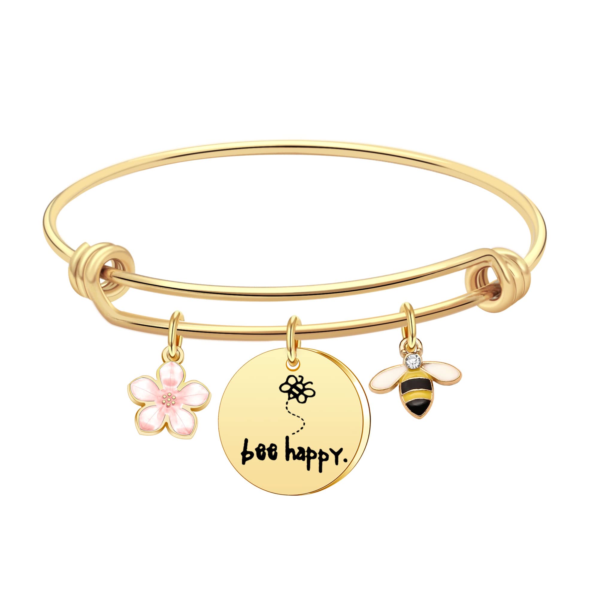 AeoraGold Pendant Bracelet Gift Bee Happy Inspirational Jewelry For Women Lady Daughter Sisters Friends Birthday Christmas Reminder Present