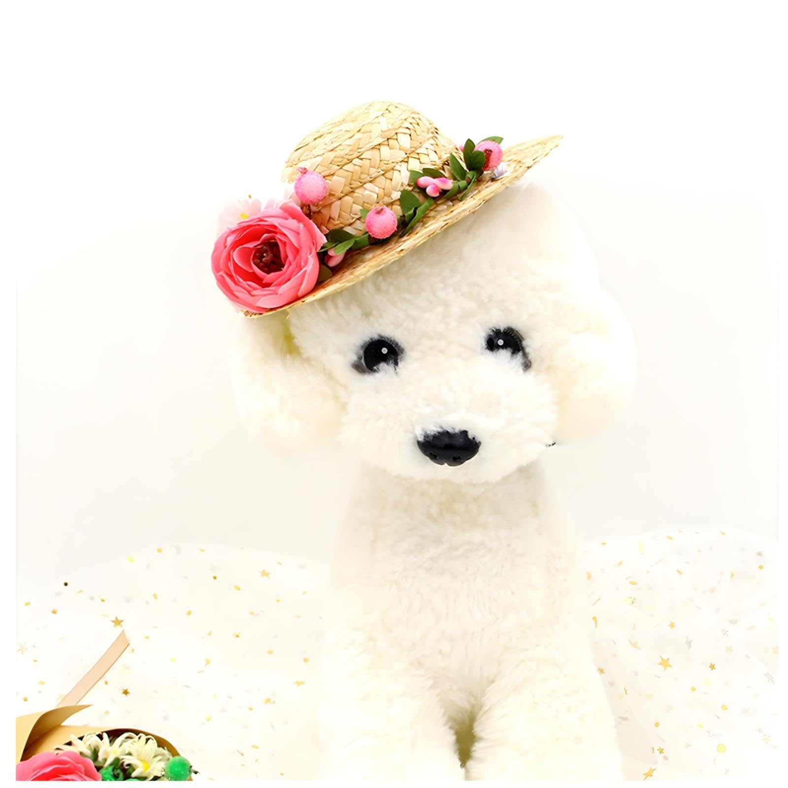 NACOCO Cat Hat Sunflower Straw Hat Handcrafted Rose Lovely Sun Cap Accessories for Small Dogs and Cats Photograph (M, Pink Rose)
