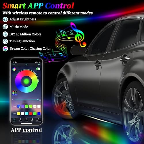 Miniatura 3 de Kit de tira de luces de neón para coche, función activa de sonido de 8 colores y control remoto inalámbrico, 4 tiras de luz LED para debajo de la