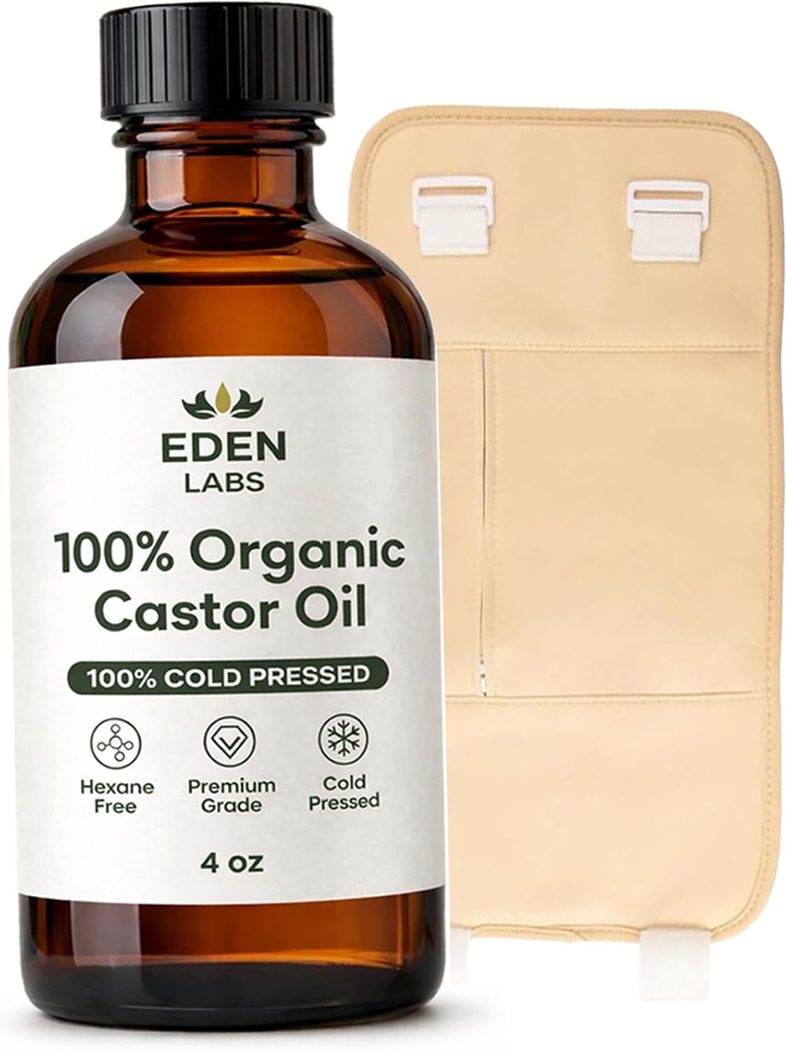 Eden Labs Castor Oil Pack Wrap for Stomach, Organic Cold Pressed Castor Oil for Detox, Reusable Pads, Leak-Resistant Adjustable Elastic Straps, Durable Comfortable Pack Wraps (1)