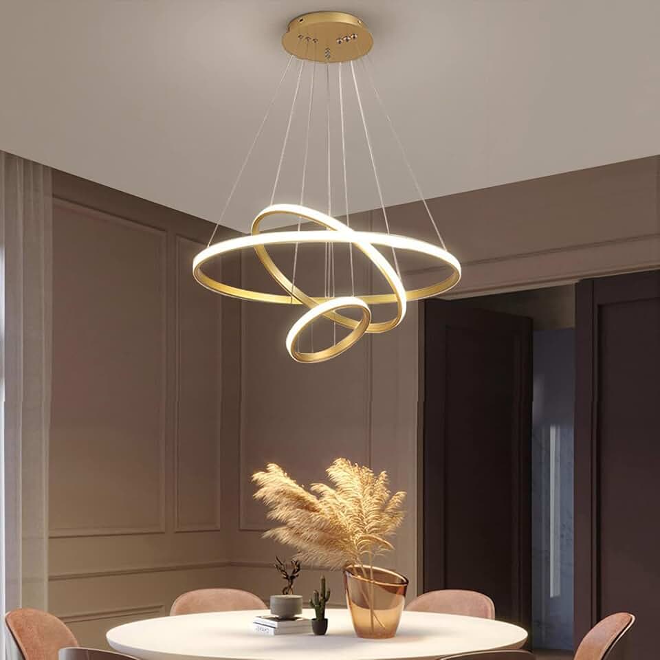 Luminária Pendente LED com 3 Anéis e Design Geométrico Ajustável DIY | Lustre Moderno de Altura e Forma Customizável com 3 Temperaturas de Cor para Sala de Estar, Quarto e Sala de Jantar (Ouro)