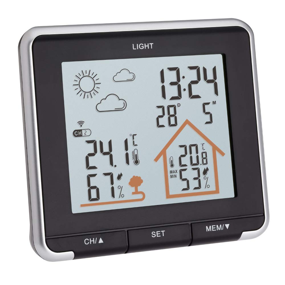 TFA Dostmann Stazione meteo radio Elements, 35.1158.01, con trasmettitore esterno, previsioni meteo, display tedesco, fase lunare, nero, (l) 158 x (b) 26 (h) 119 (117) mm, con batterie