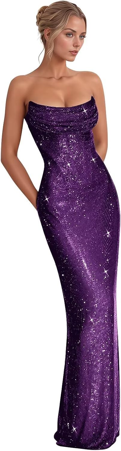 Monlity Sequin Prom Dresses Strapless Bodycon Evening Gowns Maxi Formal Party Dress