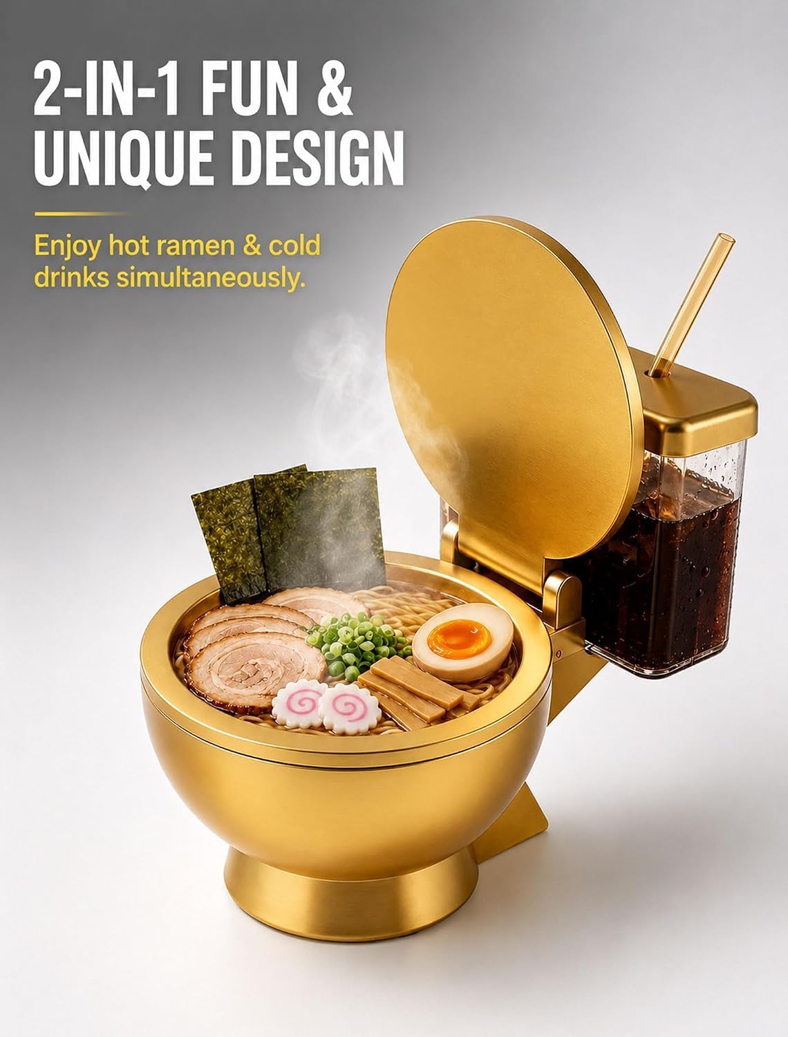 WC-Ramenschüssel, Keramik-Nudelschüssel-Set mit integriertem Becher und Strohhalm, wiederverwendbare Suppenschüssel für Instant-Nudeln, Snacks und lustige Küche, Gold, 2 Stück