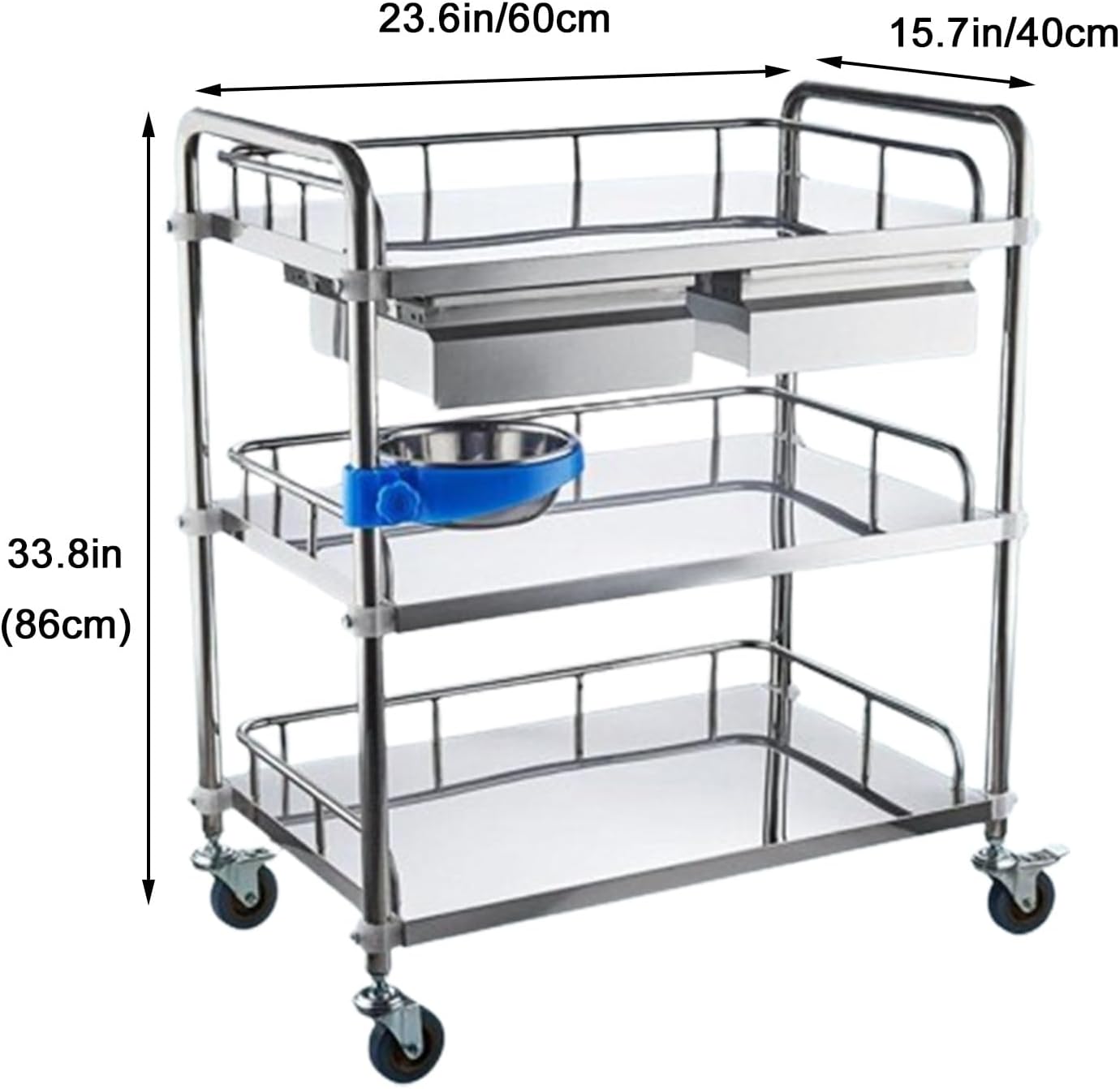 Stainless Steel Medical Cart 2 Drawers Rolling Lab Cart, Lab Serving Cart with Swivel Casters, Lab Cart for Laboratory Hospital Dental Office Salon Beauty, One Color-60 * 40 * 86cm