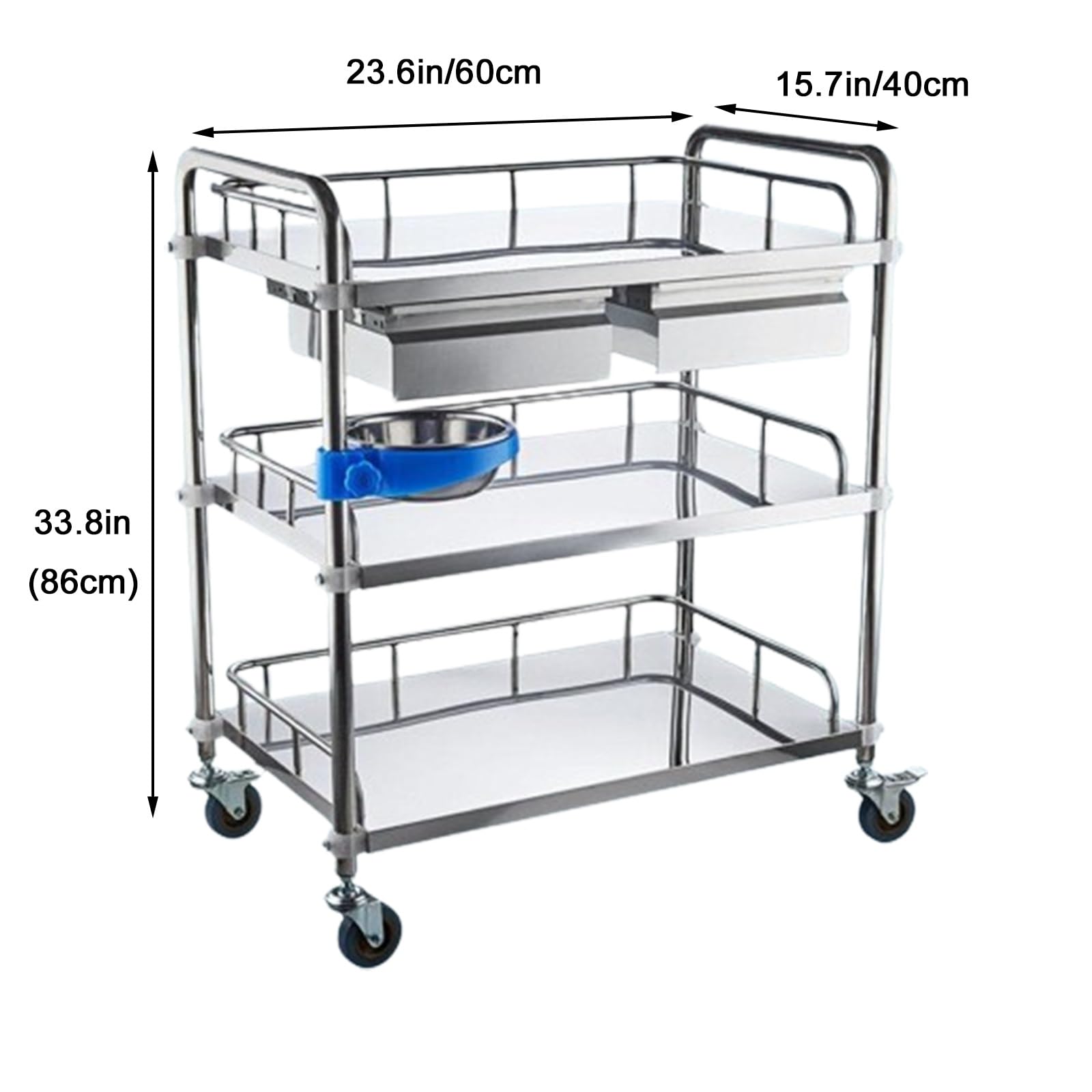 Stainless Steel Medical Cart 2 Drawers Rolling Lab Cart, Lab Serving Cart with Swivel Casters, Lab Cart for Laboratory Hospital Dental Office Salon Beauty, One Color-60 * 40 * 86cm