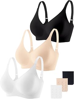 Gailife Womens No Underwire Seamless Full Coverage V-Neck T-Shirt Bra | 3-Pack Everyday Bralettes, Wireless, Push Up, Back Smoothing, Jelly Bra Lift, Adjustable Extender, Breathable, Comfortable