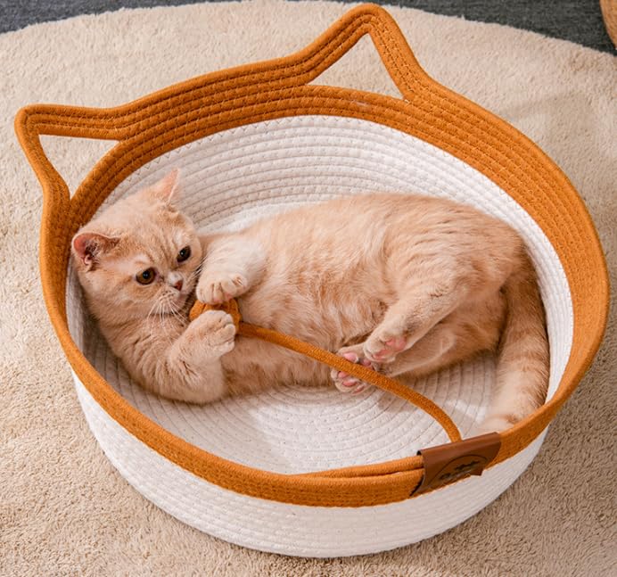 سرير للقطط من ال كيو زد اتش بي دي دبليو زد، عش منسوج من الراتان للحيوانات الاليفة، لوح خدش للقطط والحيوانات الاليفة، سلال عش للنوم (ابيض + كاكي، M)