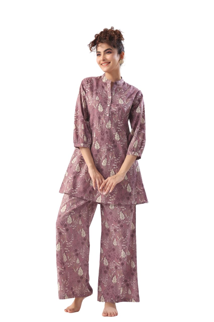 Women's Organic Printed Pure Cotton Purple Pyjama Top Night Suit Set-image-20