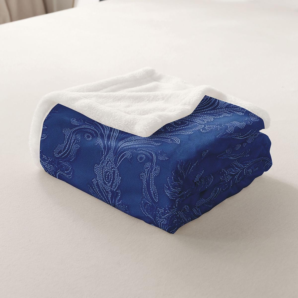 Erosebridal Victorian Floral Blanket Twin 60x80 Royal Blue Damask Sherpa Blanket for Bed Sofa Chair Antique Baroque Bedroom Decor Vintage Bohemian Exotic Fuzzy Plush Throw