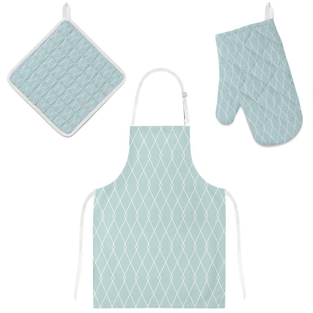 Tablier de cuisine 3 pièces avec maniques à carreaux diagonaux pour cuisiner au quotidien