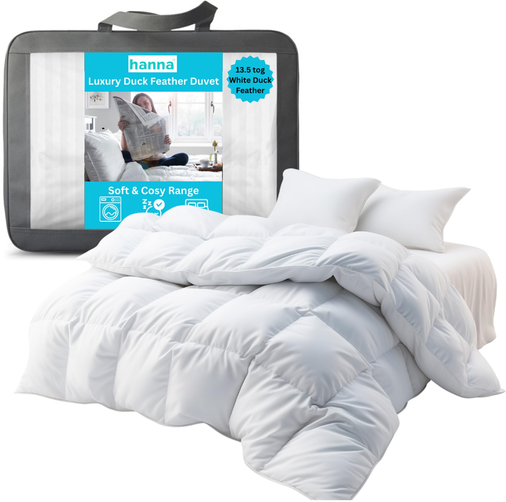 Hanna White Soft & Cosy Range 13.5Tog Duck Feather Duvet Perfect For Winter - Anti Bacterial, Soft Touch Cover, Hypoallergenic, Machine Washable (Double 200X200cm)
