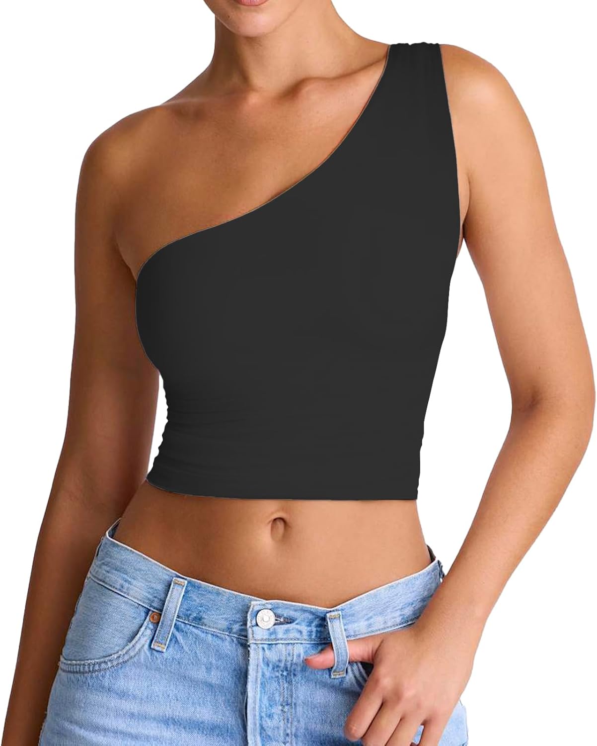Women's Sexy One Shoulder Crop Tops Sleeveless Cropped Tank Tops Ruched Shirts - Image 6