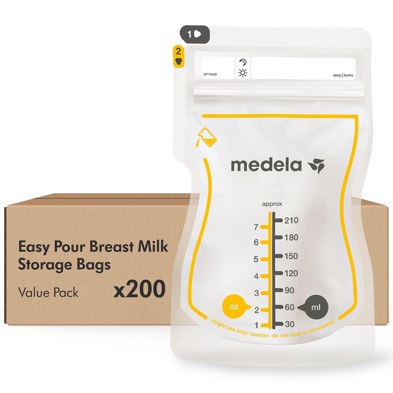 Medela Easy Pour Breastmilk Storage Bags, 200 count 210ml, Disposable Leakproof Breast Milk Bags with Milk Protection, Recyclable & BPA Free