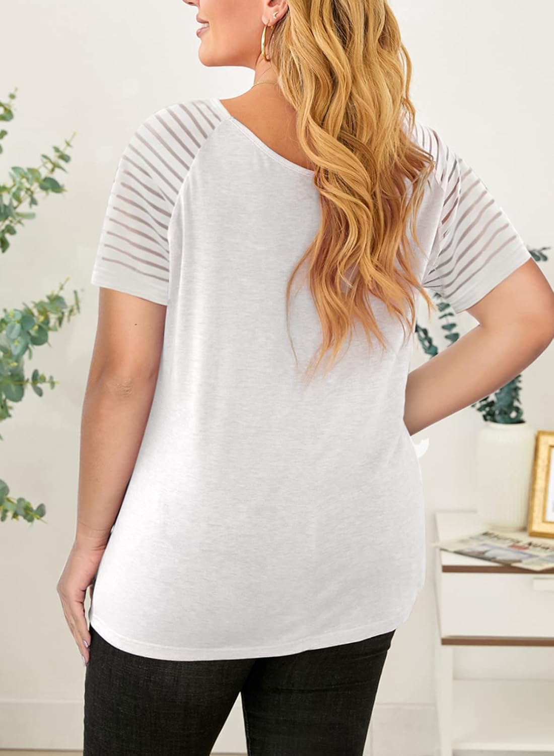 Eytino Women Plus Size Tops Casual Solid Short Sleeve V Neck Striped Mesh Patchwork Loose Blouse Shirts(1X-5X) - Image 2