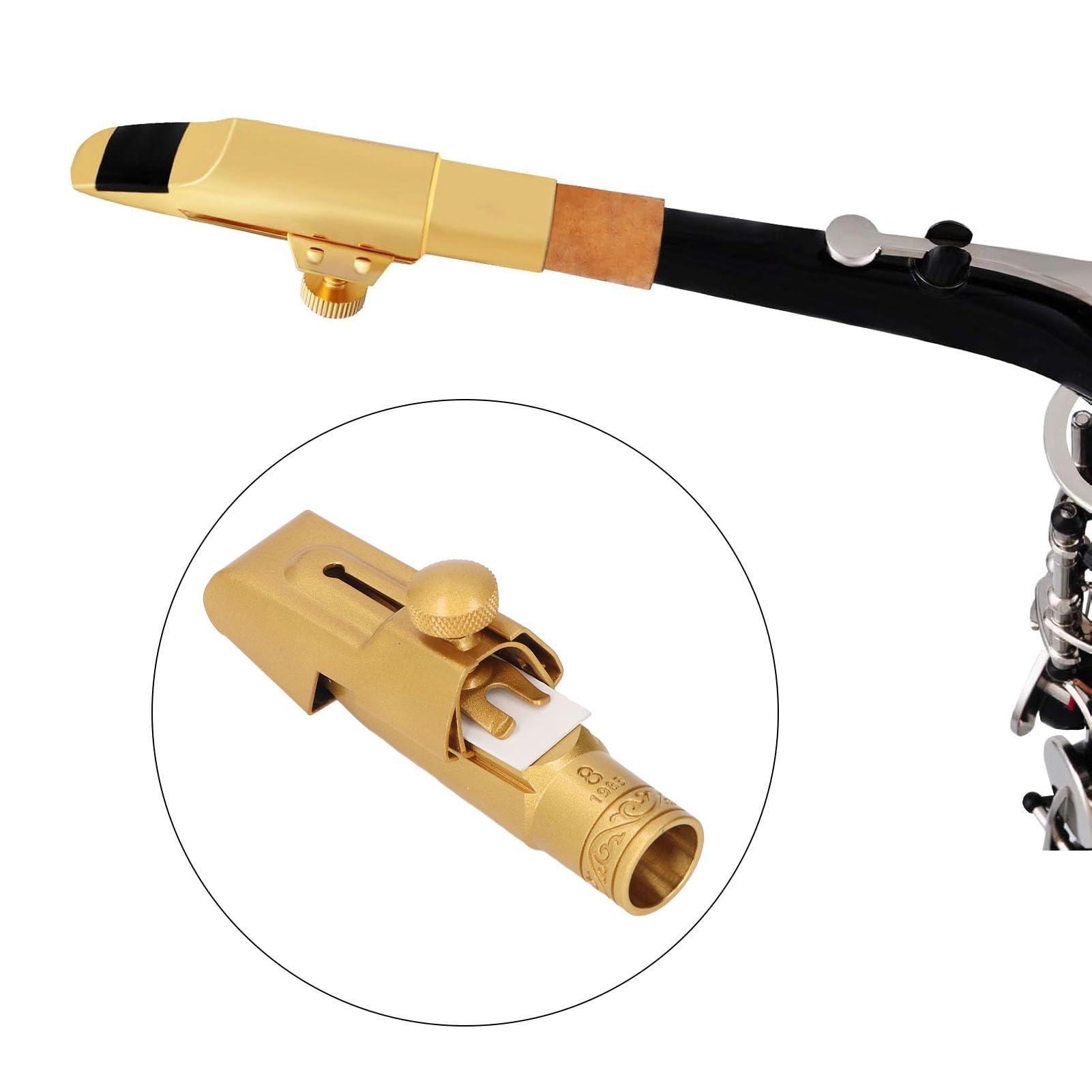 Boquilla de Saxofón Soprano con Ligadura de Tapa Latón Metal B Flat 8C Reemplazo Cubierta Deslizante Chapada en Oro Esmerilado Saxofón Alto con Ligaduras, Boquillas Eb para