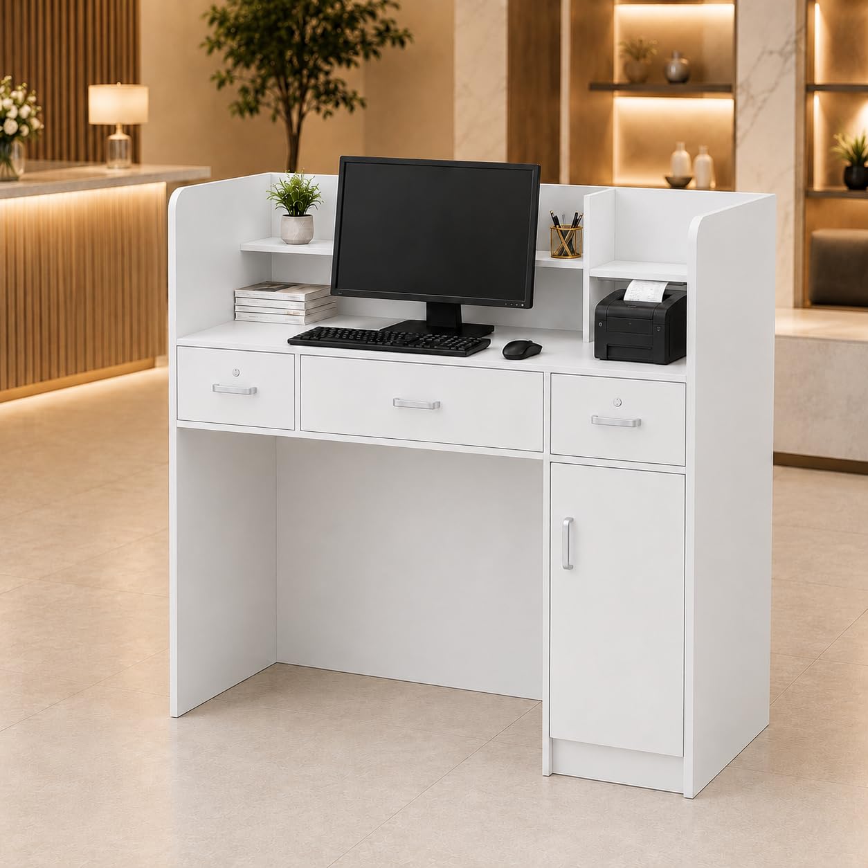 Banco reception, banco reception, tavolo con 3 cassetti e ripiani per sale aziendali, reception alberghiere, negozi di abbigliamento, bianco, 120 cmx 48 cm x 110 cm