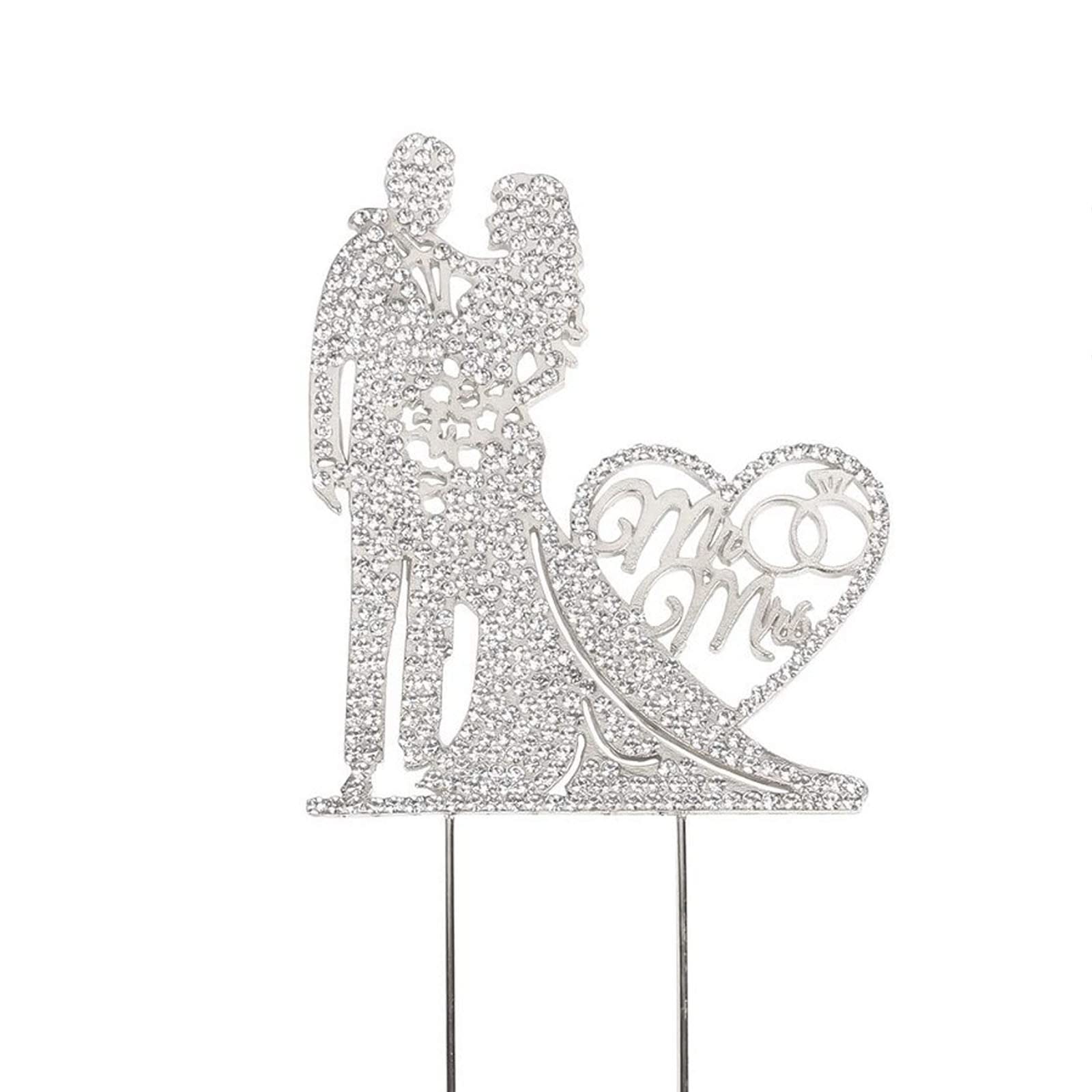 Mr and Mrs Cake Topper Crystal Alloy Rhinestone Love Heart Couple Cake Decoration for Wedding Anniversary Proposal Engagement Party Decoration-Silver