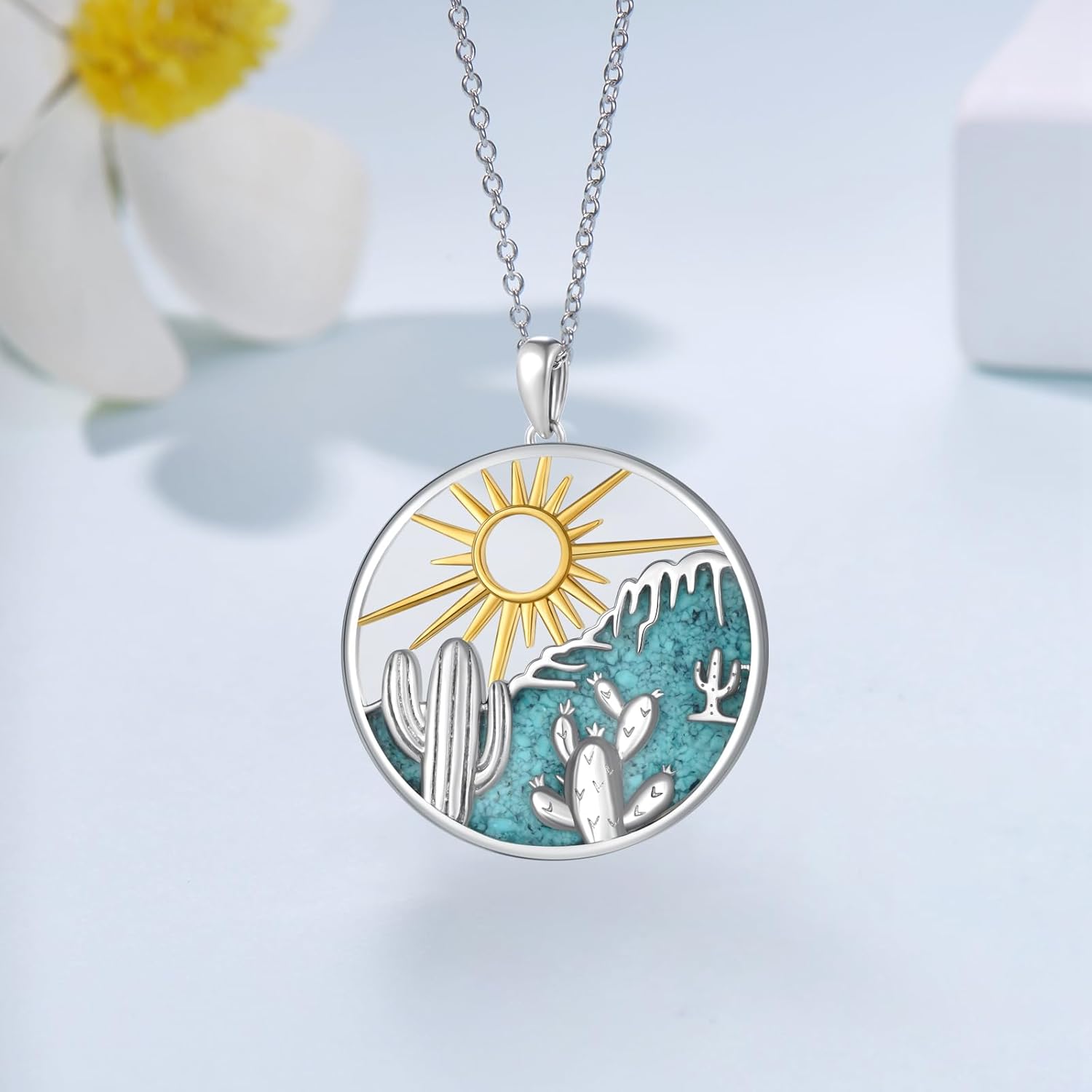 Western Necklace 925 Sterling Silver Turquoise Cactus Necklace Western Jewelry Gifts for Women - Image 3