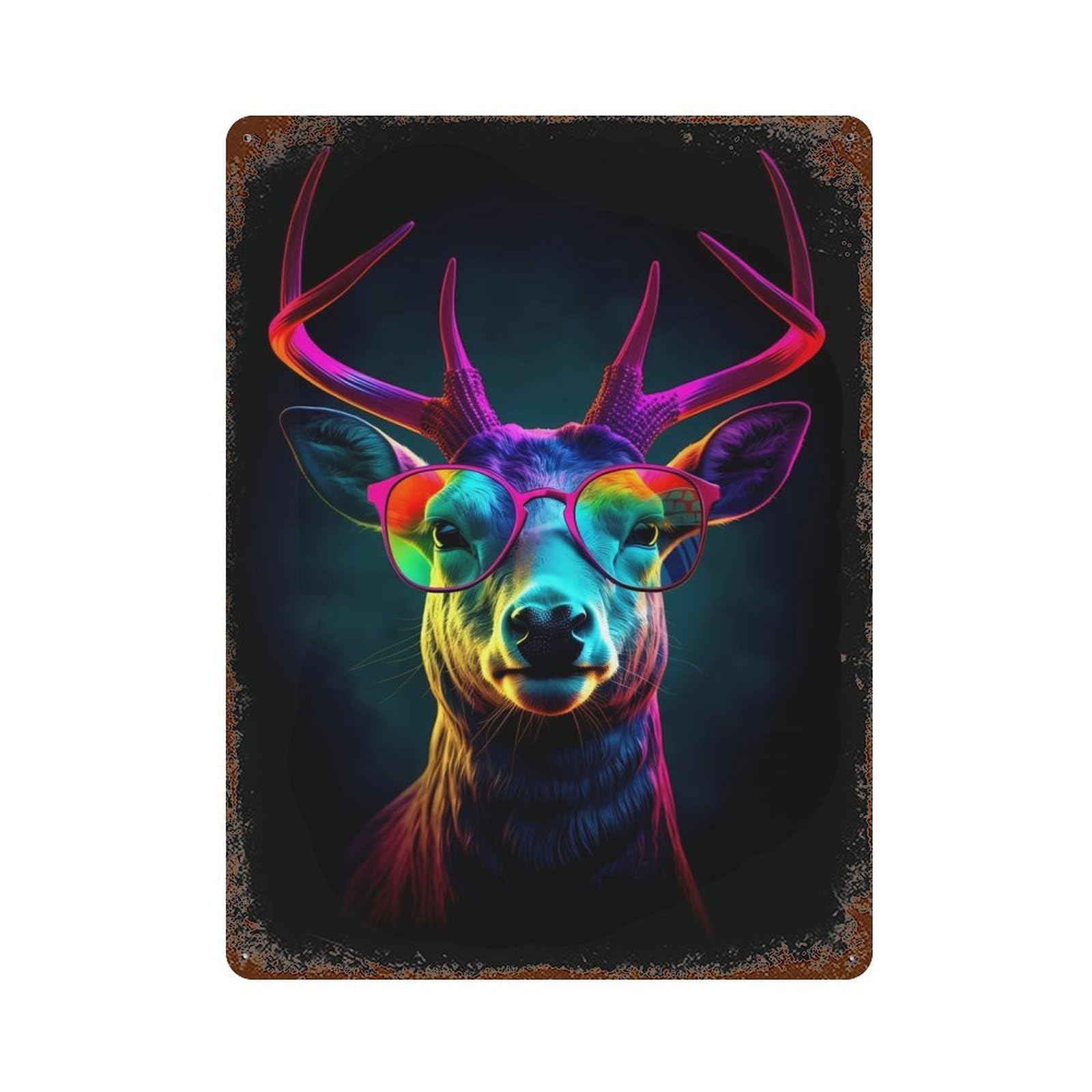Deer Neon Sunglasses Rusty Metal Tin Sign 15.7"x11.8", Industrial Home Decor for Garage, Pub Or Kitchen