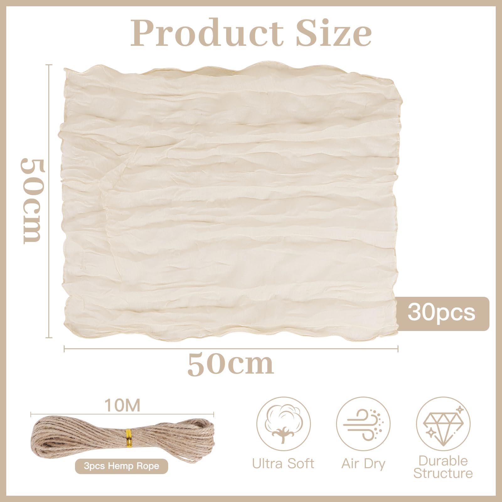 LALAGO 30pcs Serviette en Gaze de Coton Beige 50cm, Serviettes de Table en Tissu Froissé, Vintage Boho Teinté à La Main Coton Carré, Rustiques Bohèmes pour Fêtes, Réceptions, Fêtes de Mariage