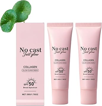 Collagen Glow Sunscreen SPF 50, No White Cast, Broad Spectrum UV Protection | Lightweight & Non-Greasy Daily Sunscreen-Collagen Face Sunscreen, Fast-Absorbing, Suitable for All Skin Tones, 2 PCS