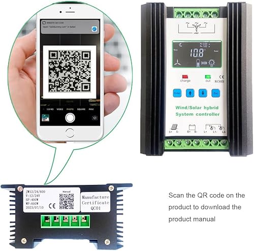Miniatura 4 de Controlador de carga solar híbrido de 1000 W, 12 V/24 V, regulador de carga MPPT con pantalla LCD y carga de descarga gratuita precisa, Negro