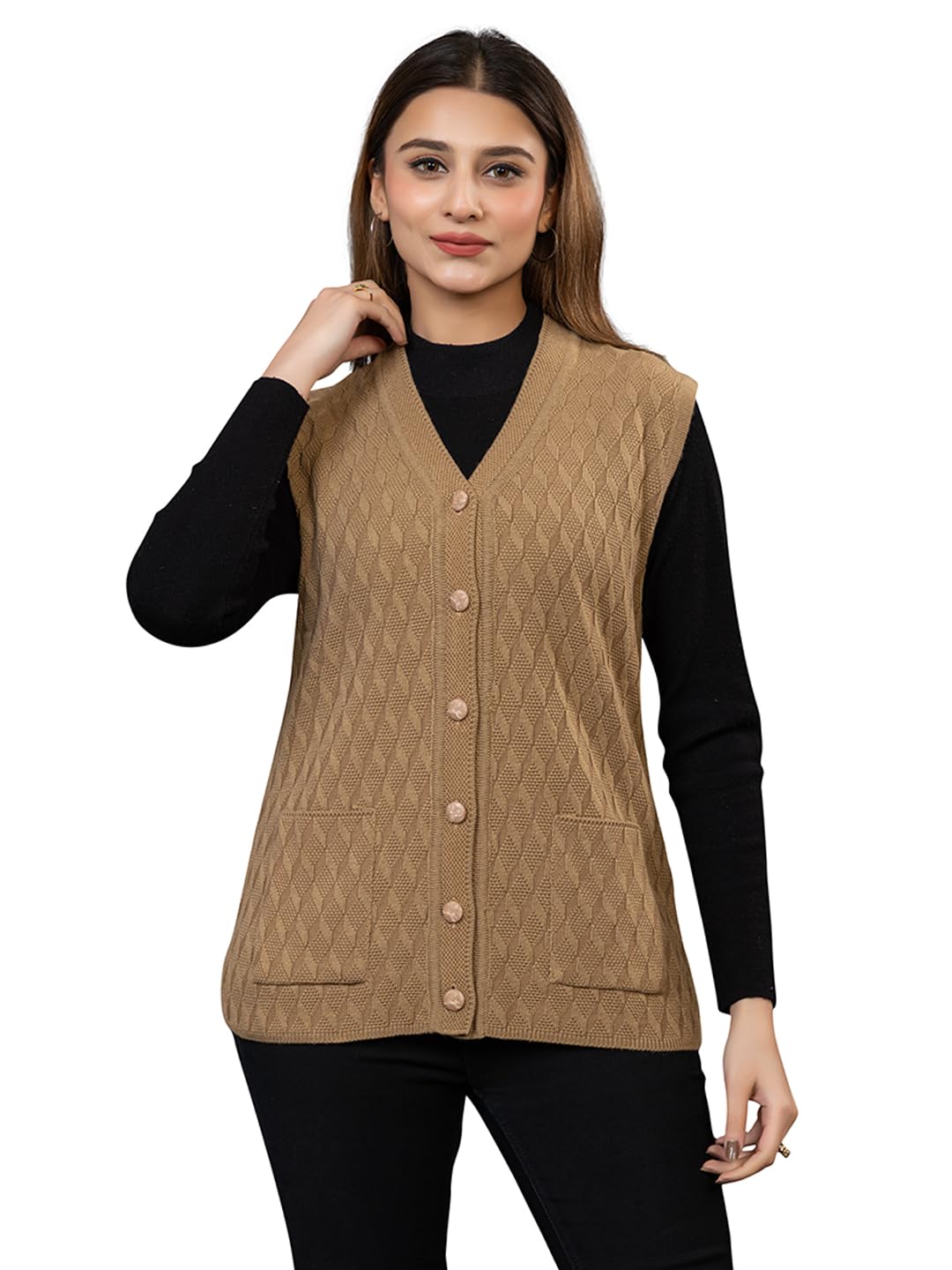 twenty me Self Design Sleeveless V Neck Acrylic Wool Warm Cardigan for Women with Front Two Pockets (1266)-picture-4