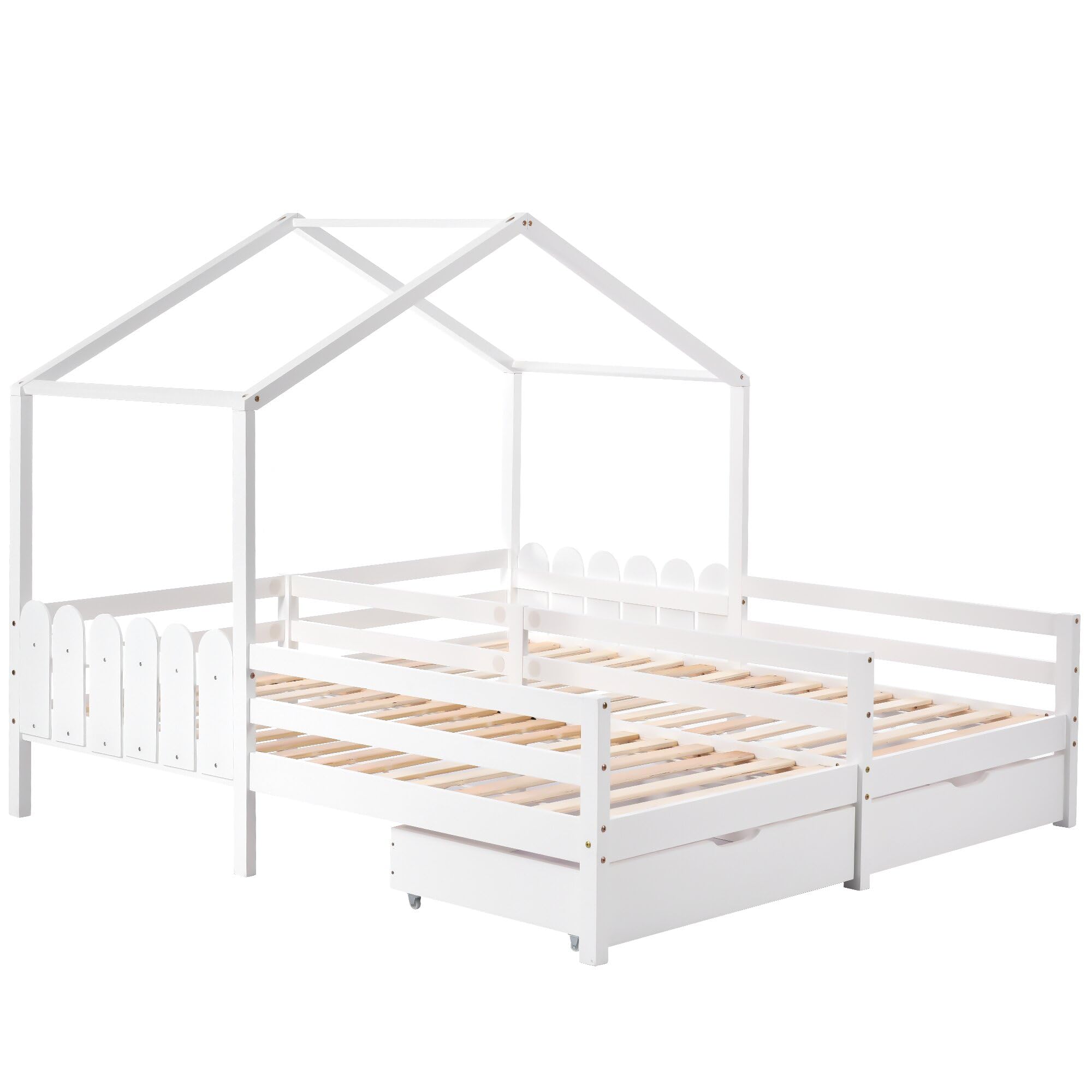 TIZZ Cama infantil, cama doble, cuna con 2 cajones de MDF, cajones con ruedas, somier de láminas de pino, blanco (90 x 200 cm)