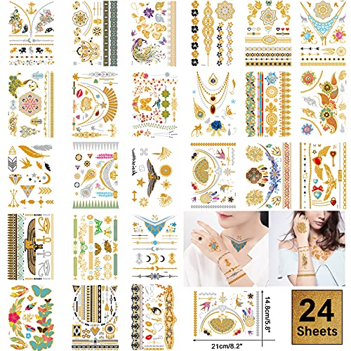 Cuteliili Metallic Temporary Tattoo 260+,24 Sheets Gold Silver Fake Tattoos For Women Teen Girls,Flash Jewelry Tattoos,Gold Boho Tattoos Waterproof And Long Lasting Chriatmas Gift #TOP1