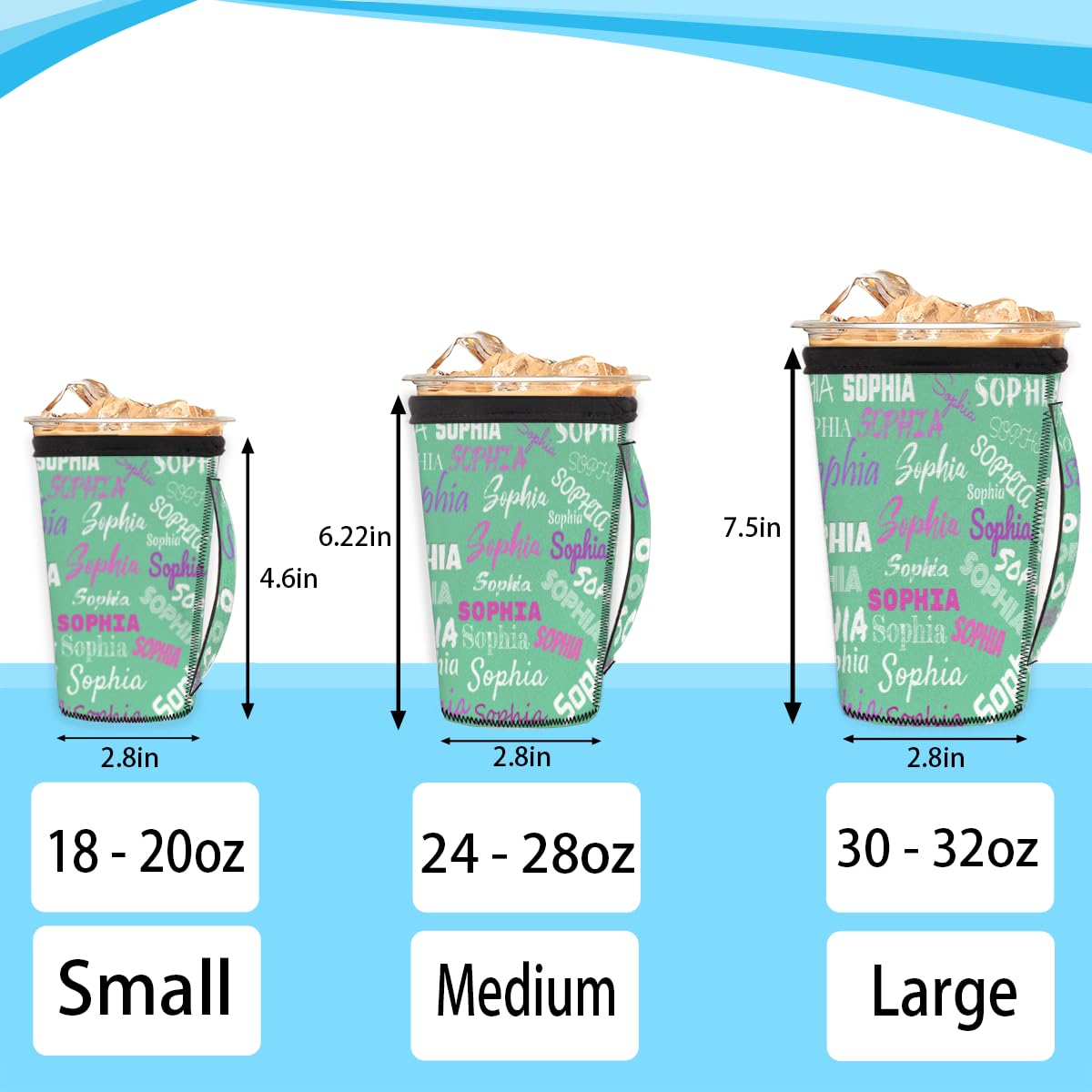 Personalized Reusable Iced Coffee Cup Sleeve Rainbow Neoprene Insulated Sleeves Cup Cover Holder Coffee Cup Sleeves with Handle for Cold Drinks Cup,24-28oz Mint Green Color Solid