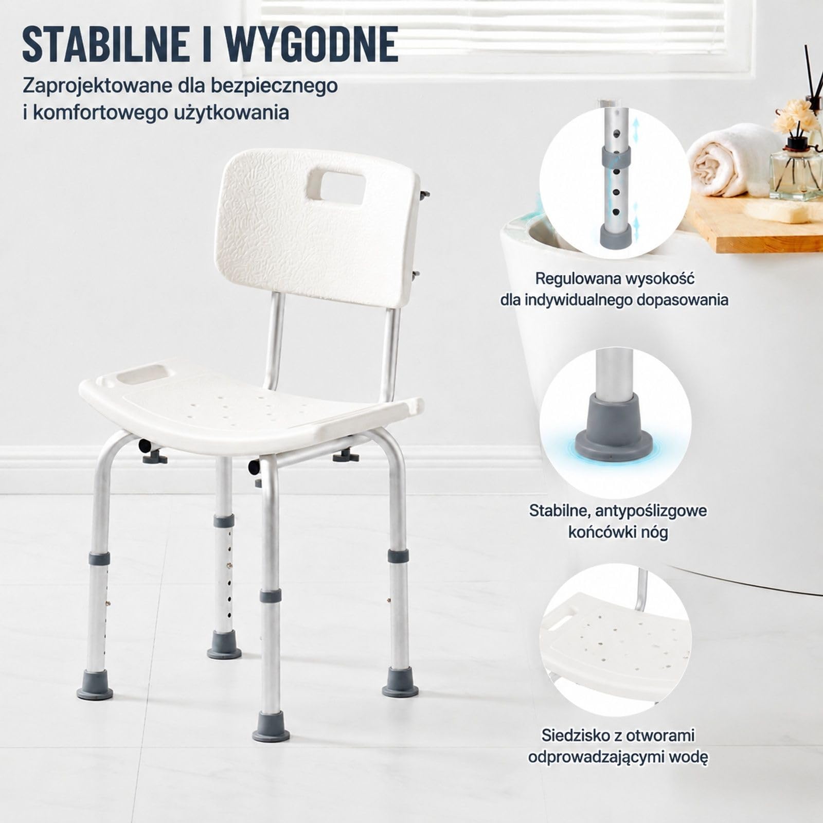 Krzesło prysznicowe z oparciem, regulowane na wysokość, białe siedzisko PE, rama ze stopu aluminium do łazienki