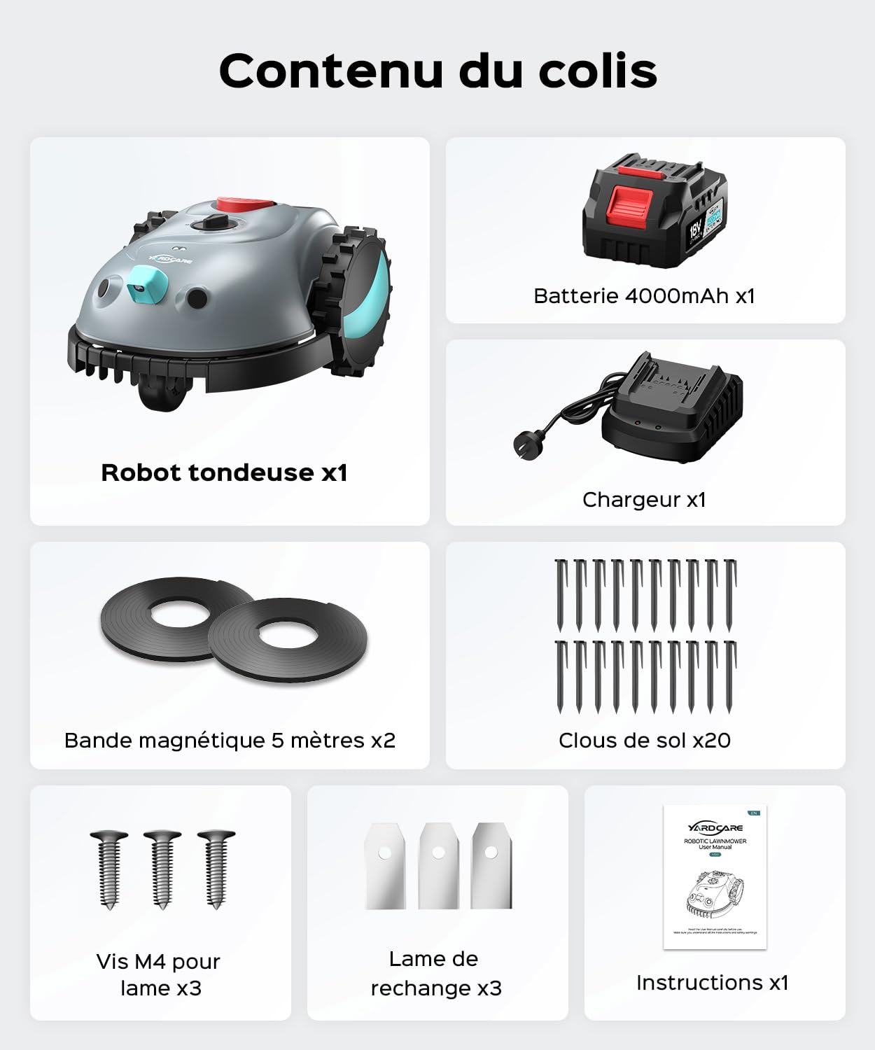 (2026 Upgrade) YARDCARE V100 Robot Tondeuse sans Fil Périphérique avec Navigation Visuelle, Détection d'obstacles 150, Robot Tondeuse Gazon avec Batterie de 4 Ah, Lames de Rechange, Bande magnétique